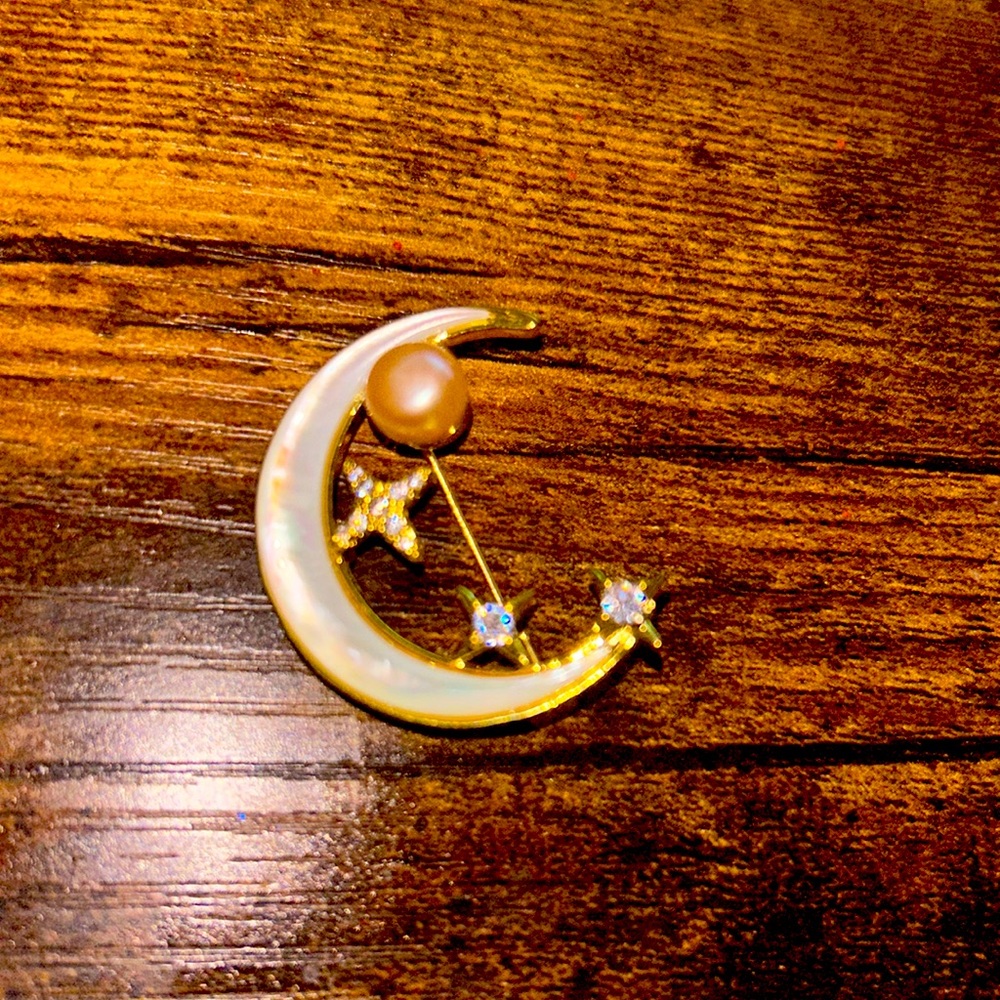 Mother of Pearl, Pearl and CZ Moon Brooch
